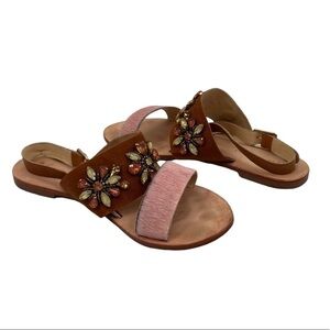 Anthropologie Pink Flower Embellished Flat Sandals Size 37 Women’s